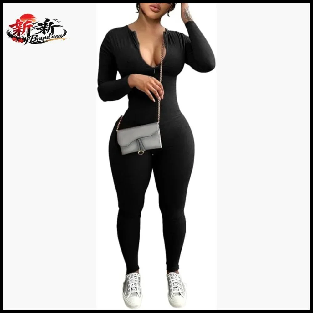 Long Sleeve Zip Up Bodycon Jumpsuit Polyester Blend Romper